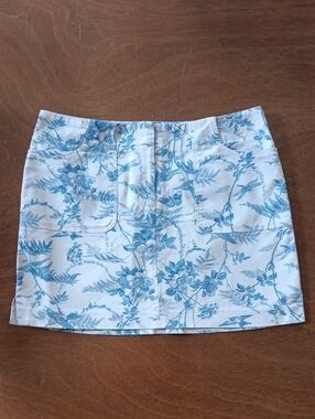 Express Juniors Blue & White Toile Floral Bird Print Mini Skirt 7/8
